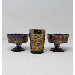 Amethyst Blue Carnival Glass Maple Leaf - 3 PIECE LOT -- 2 Berry Bowls and 1 cup